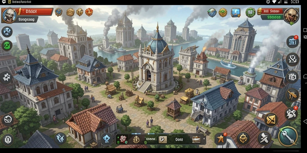 Tampilan gameplay D73 dengan pertarungan dan pembangunan kota yang menarik.