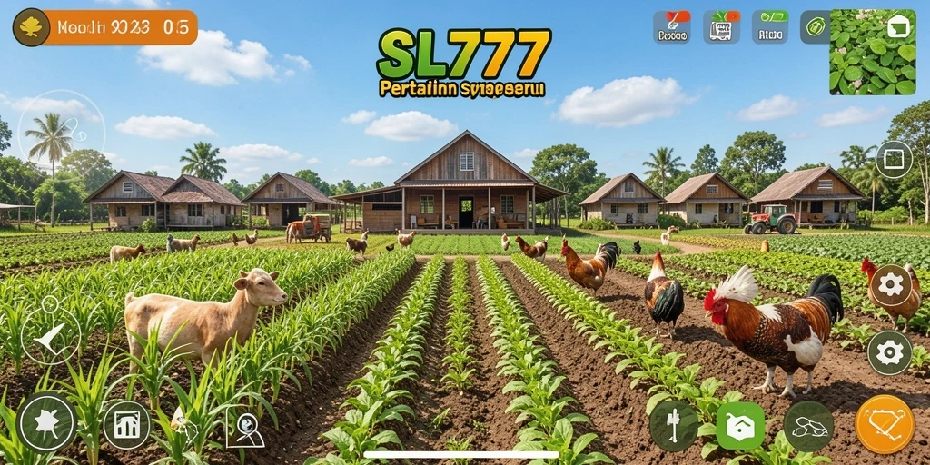 Tampilan gameplay seru dalam SL777 dengan ladang hijau yang subur.