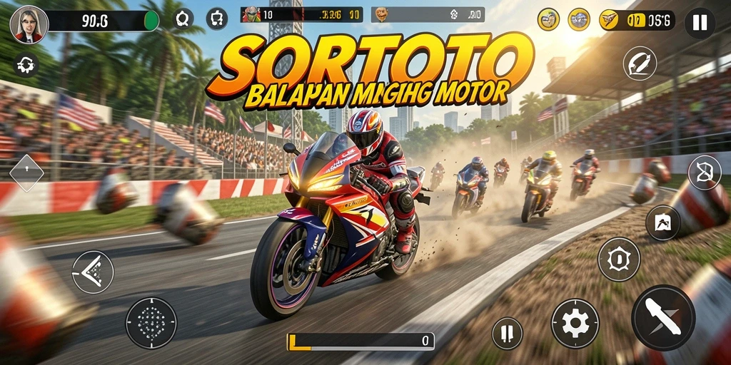 Tampilan gameplay SORTOTO dengan motor berkecepatan tinggi di lintasan menantang.