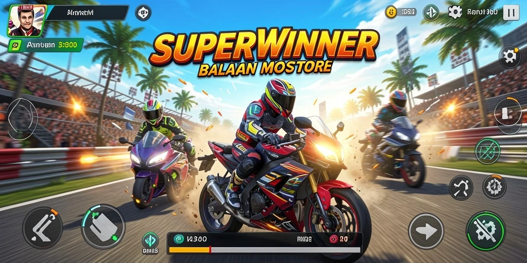 Gameplay seru di SUPERWINNER dengan aksi balapan motor.